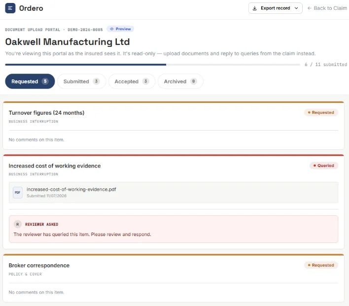 The insured's upload portal showing requested items with submission progress, status badges and reviewer queries.