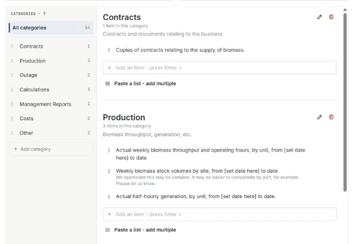 Template editor listing evidence categories such as Contracts, Production and Costs, each holding the specific items to request.